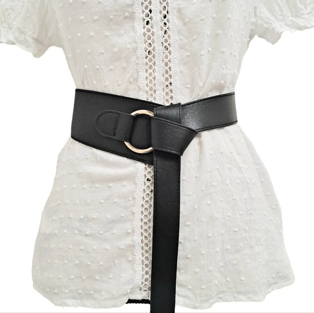 Black Wide Waist Belt with Gold Ring Accent